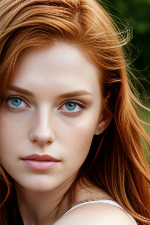 (close-up editorial photo of 20 yo woman, ginger hair, slim American sweetheart), (freckles:0.8), (lips parted), realistic green eyes, POV, realistic[:, (film grain, 25mm, f/1.2, dof, bokeh, beautiful symmetrical face, perfect sparkling eyes, well defined pupils, high contrast eyes, ultra detailed skin, skin pores, vellus hair, fabric stitching, fabric texture, wood grain, stone texture, finely detailed features:1):0.9]