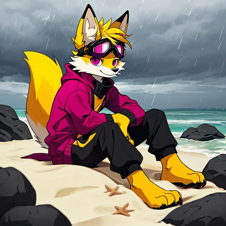 (A character), (fox with yellow fur and white chest), (under muzzle is white), (yellow fur), (white tail tip), (wearing a magenta sweater), (light blue scarf), (yellow jockey hat with orange visor), (orange visor), (magenta eyes), (slim and fit body), (apparently slim but strong appearance), (relaxed expression), (male), (medium height), (solitary), (white eyebrows), (4 toes on his paws), (5 toes on his hands), (magenta eyes), fluffy, (fluffy fur), (goggles), (black crystal goggles), (yellow paws), (background beach), (beach), (rocks in the sand), rocks, (his sweater covers his crotch), (yellow tail with white tips), (his paws and hands are yellow), (black paws), (claws), (golden fur), (golden yellow fur), (black pawpads), kerchief, (sitting), (cloudy), (cloudy day), (cloudy day at the beach), (rain), (rain at the beach), (rain at the beach)