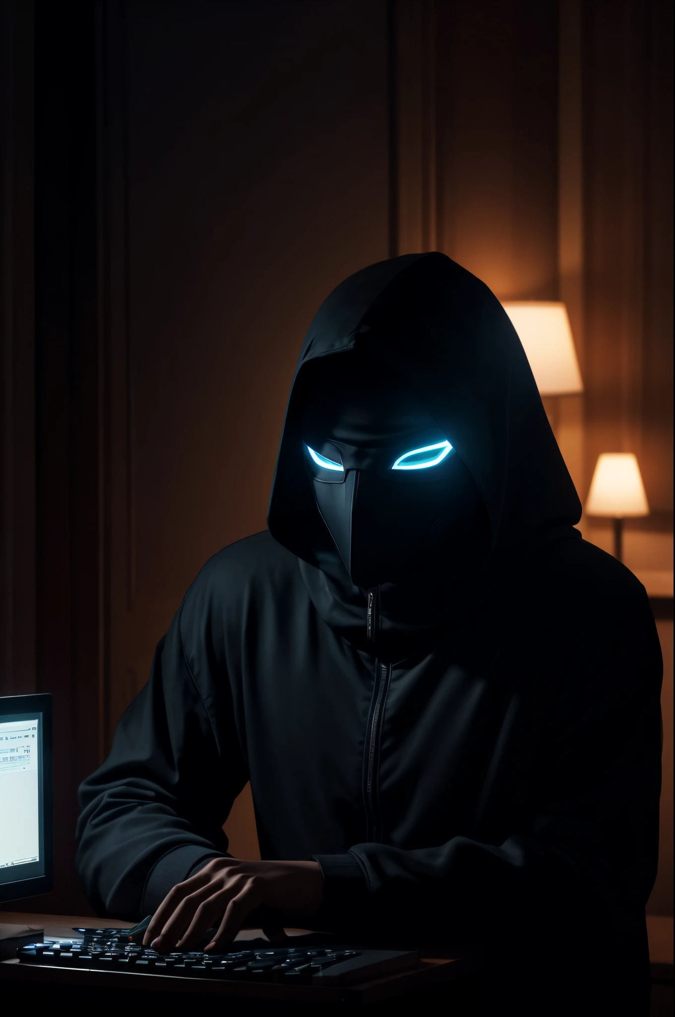 INT. DIMLY LIT ROOM - NIGHT As the room remains enveloped in shadows, a COMPUTER SCREEN intermittently casts flickers of light, revealing a male MYSTERIOUS individual. Hunched over a keyboard, the FIGURE remains elusive, their face concealed behind an ANONYMOUS MASK. Despite the hidden features, their intense and focused eyes are unmistakably visible. FADE IN.