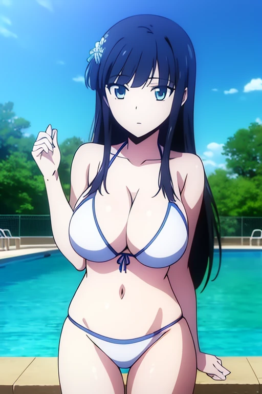 (masterpiece, best quality, high resolution, animescreencap, anime colored, 8k), Miyuki, 1girl, black hair, long hair, blue eyes, large breast, white bikini, slim, cowboy shot, pool, blue sky, sunlight