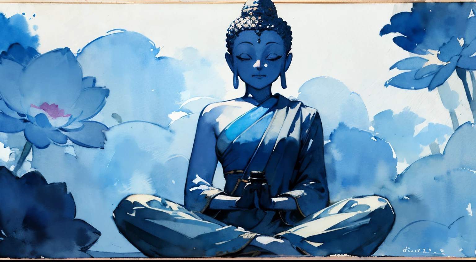 blue Buddha sits in lotus position and meditates, (portraite of a;1.3), calm and concentrated face, blue background, (Watercolor drawing:1.3), motley, Super detailed