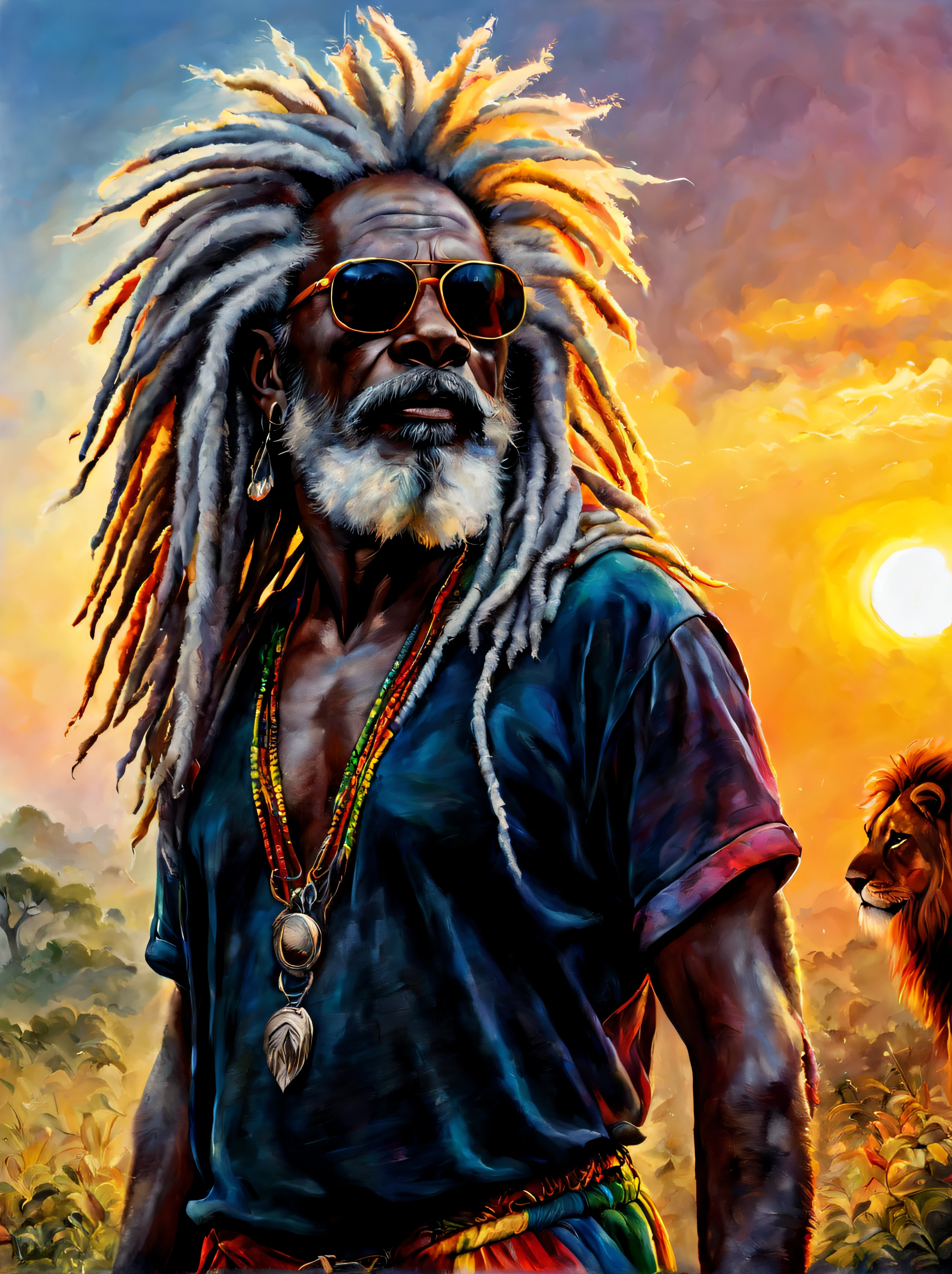 Old black Rastafarian with white dreadlocks and with a lion enjoying the sunrise, colorful summer outfit stands out, Energetic and lively scene.
Estilo de Gabriele Dell&#39;Otto, Meio da jornada de IA, saturated cores, Aquarela, oil paints,   HDR, 500px, 4k,