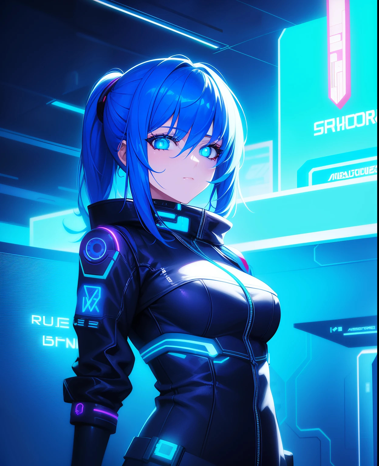 Digital painting of a woman with blue hair,Cyberpunk Art Behance contest winner,synthetic wave,neon light,Glowing neon lights,, nsfw