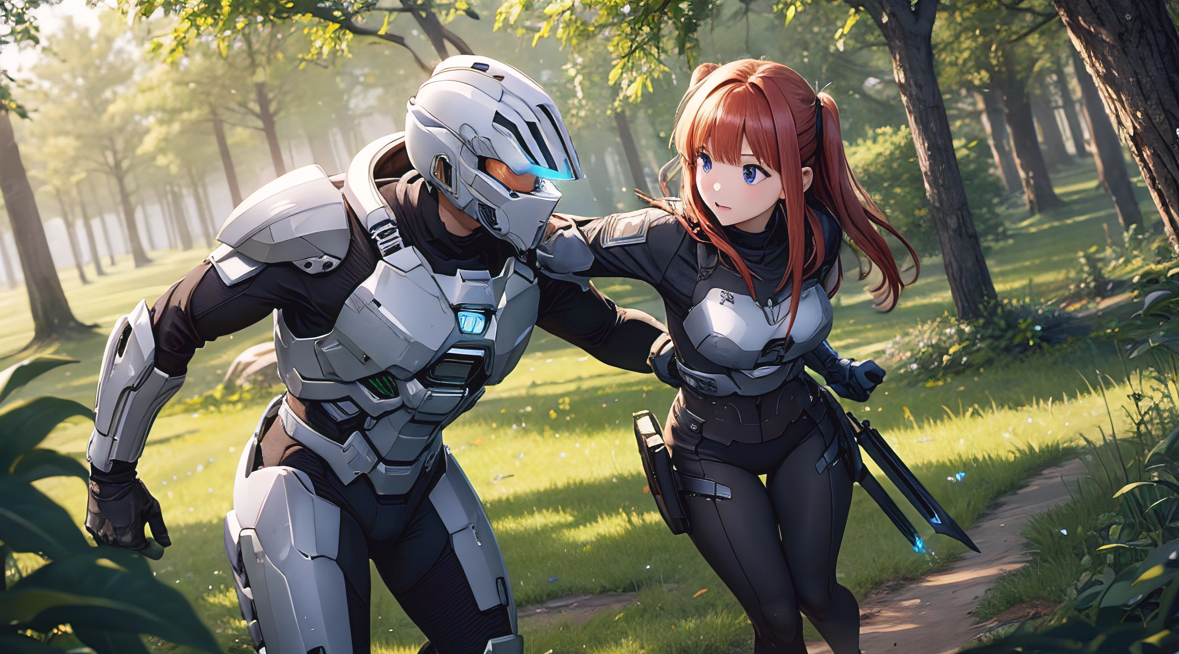 Nino Nakano,armadura de halo infinite,bosque noche,luz