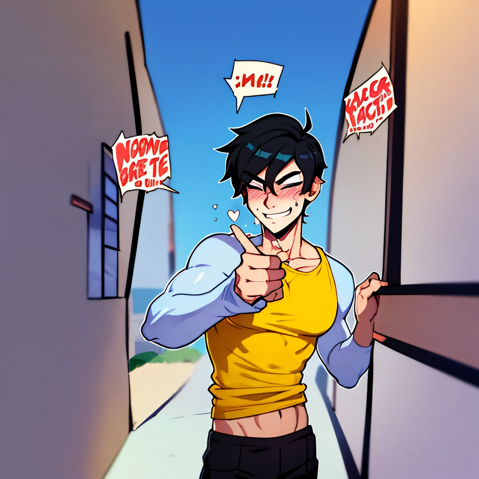 Jake English from homestuck mspaint adventures, Jake English with white tank top on and black garters with midi cargo pants, Jake English smiling and blushing and sweating nervously