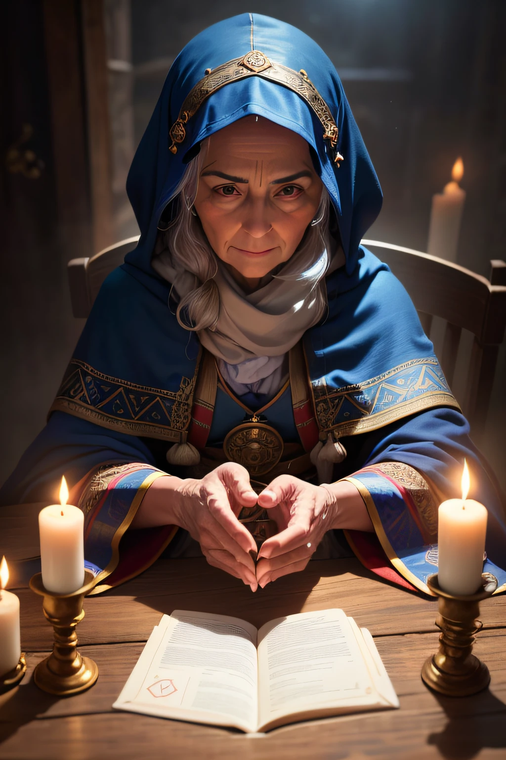 Create an image of an elderly fortune teller sitting at a table with tarot cards scattered all over the surface. A cartomante deve ter uma aura misteriosa, wearing traditional costumes such as a flowing cloak and a scarf over the head, e ela deve aparecer idosa com rugas e cabelos grisalhos. Seus olhos devem ser intensos e focados, olhando diretamente para o espectador como se espiasse sua alma. Sua boca deve estar semiaberta, como se ela estivesse falando ou prestes a revelar um segredo. A atmosfera deve ser mal iluminada, com velas projetando sombras cintilantes nas paredes, Enhancing the mystique of the scene. Capture the essence of mystery and intrigue,  o espectador se sente cativado e curioso sobre os segredos que a idosa cartomante guarda.