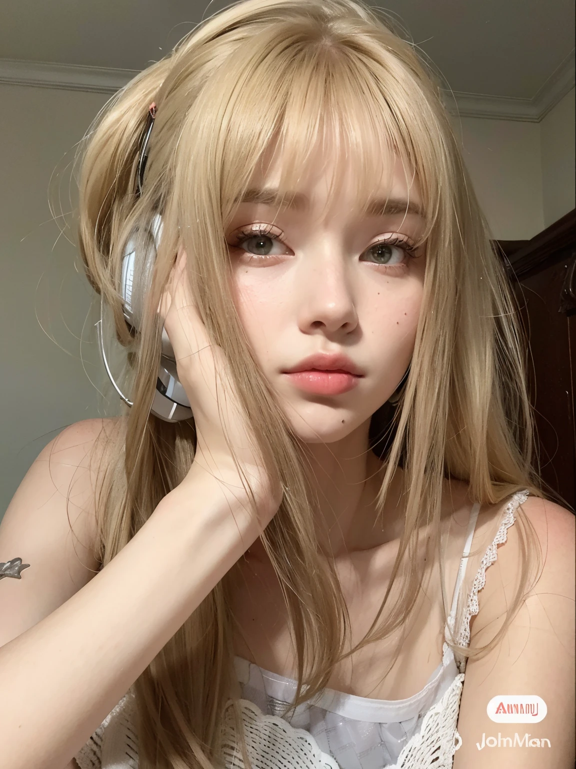 A close-up of a woman with headphones on her head, Retrato Sophie Mudd, Anna Nikolanova aka Newmilky, Pokimane, com fones de ouvido, 18 anos, Delphine bonita, Yelena Belova, Angelina Stroganova, morena com cabelos loiros tingidos, ๐คค retrato da , 2 Modelo feminina de 4 anos, julia gorokhova, Modelo do Instagram