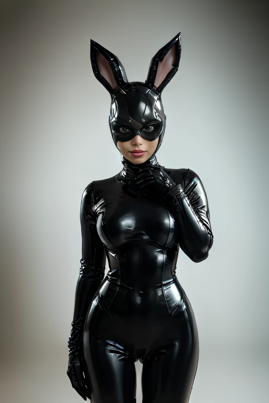 An alluring woman adorns a rubber mask with festive Christmas horns and a unique rubber head resembling a cybernetic bunny. Drawing inspiration from Doja Cat as Catwoman, she embodies a fusion of rubberhose style and latex, featuring a black latex female balaclava and a captivating black catsuit. The mask, resembling a robot wearing a human disguise, adds an intriguing Christmas-themed allure to her attire. Her outfit, predominantly black latex, exudes a domineering persona against a backdrop of Christmas decor, amplifying the mysterious and festive ambiance