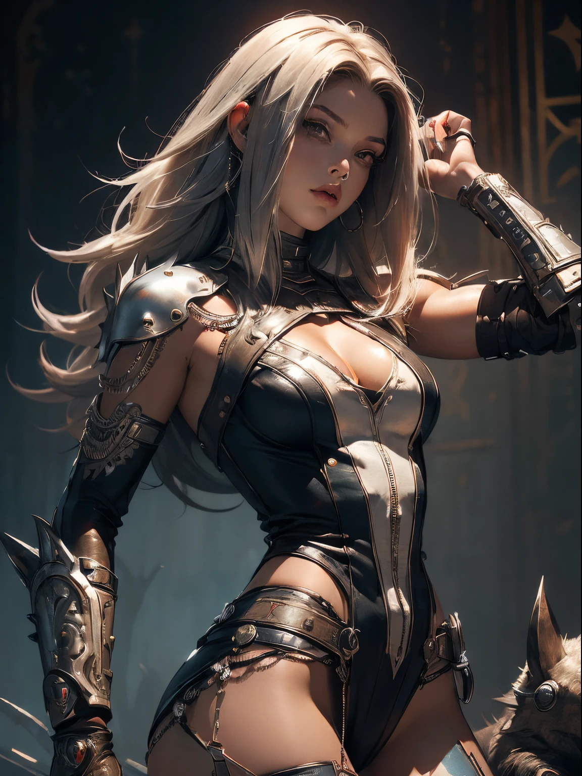 Sexy female wolf, full body, furry body, muscle body, white hair, split ponytail, halo, flower on head, aqua eyes, heart-shaped eyes, pointy ears, grin, crazy, Pixar, high detail, backlighting, ray tracing, depth of field, close-up, bokeh, Canon, UHD, high details, anatomically correct, super detail, 8k, best quality