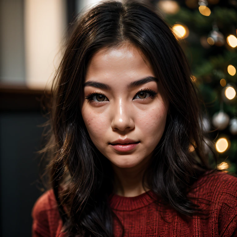 ((mid shot)),1 woman, 24 years old, named Kimmie Miso, (((small breasts))), Wearing red sweater, warm clothes, celebrate christmas eve. With eyes of beautiful detail, Beautiful detailed lips, extra detailed face, and long eyelashes