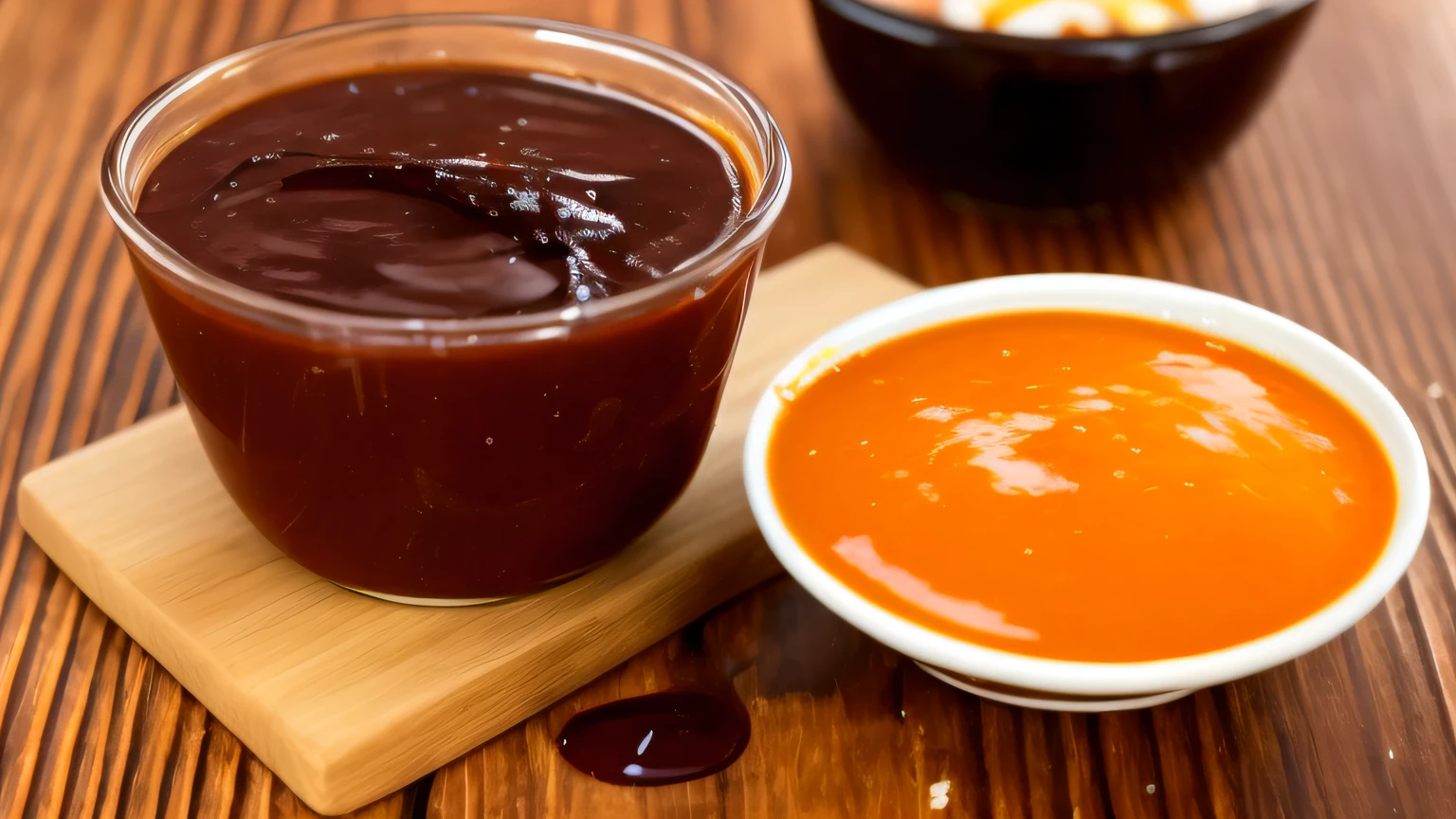 There is a small bowl of sauce on a wooden table., brown sauce, salsa de chocolate, salsa, un poco de salsa de chocolate, goteo de salsa BBQ, cubierto de chocolate derretido, delicioso, glaseado de chocolate, brown sauce, caramelo, Ceroso, Empalagoso, vidriado, delicioso, jarabe de arce & hot fudge, Salsa de tomate de ceniza, postre, jarabe, cera, barnizado, Asombroso