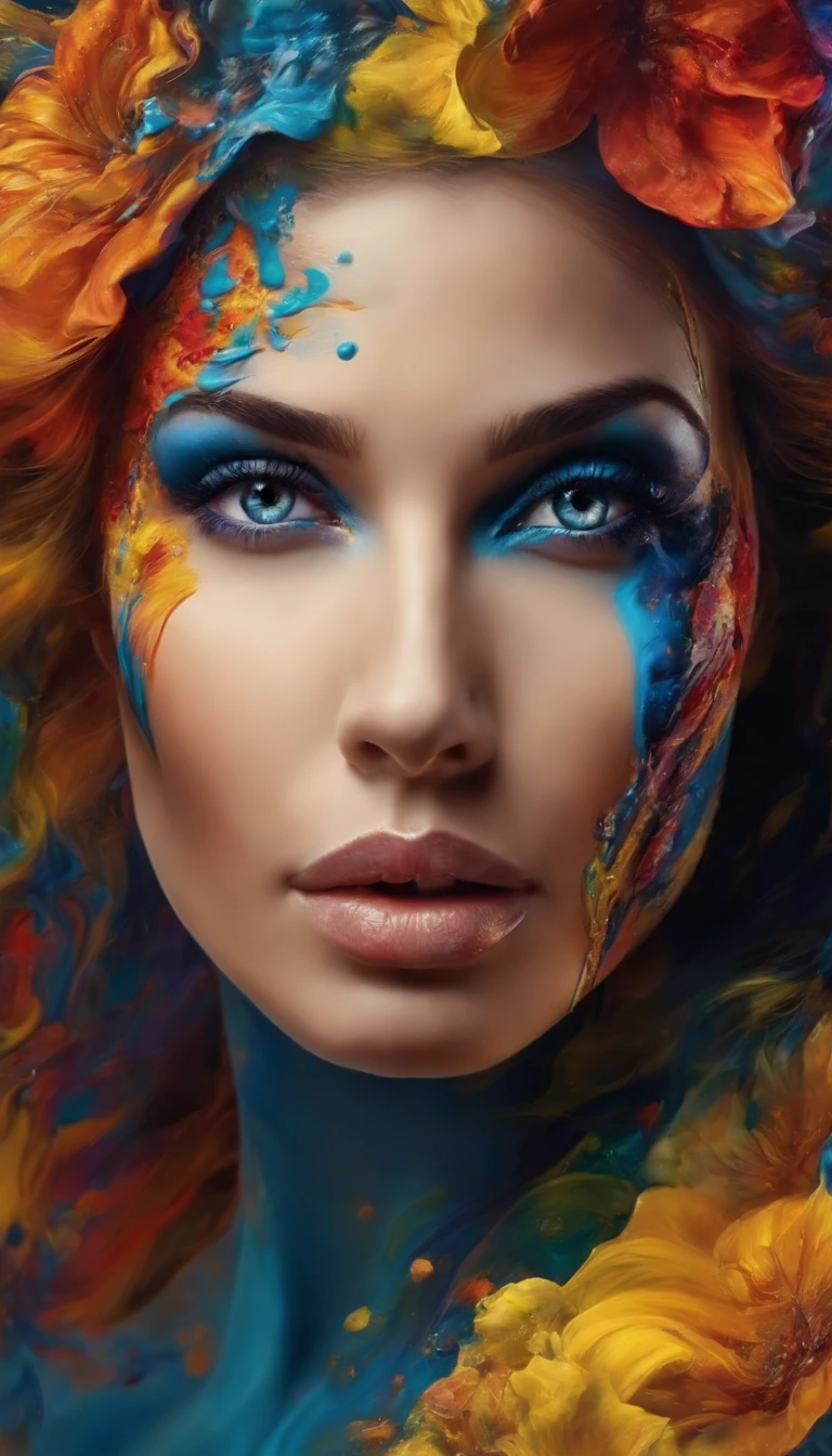 there a half-fragile woman and half-strong woman, with a colorful face and a lot of colorful paint, portrait made out of paint, face submerged in colorful oils, portrait made of paint, colorful melting human head, beautiful acrylic fluid portrait, gorgeous digital art, beautiful digital artwork, trending artistic art, stunning digital art, abstract face, stunning artwork, inspired by Alberto Seveso, abstract 3 d artwork