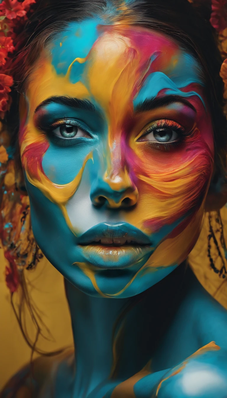there a half-fragile woman and half-strong woman, with a colorful face and a lot of colorful paint, portrait made out of paint, face submerged in colorful oils, portrait made of paint, colorful melting human head, beautiful acrylic fluid portrait, gorgeous digital art, beautiful digital artwork, trending artistic art, stunning digital art, abstract face, stunning artwork, inspired by Alberto Seveso, abstract 3 d artwork