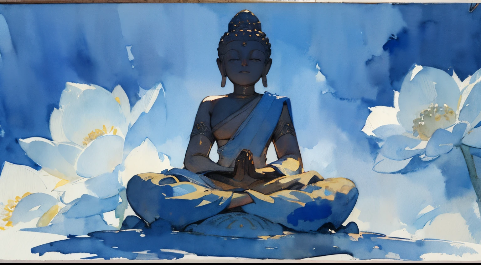 blue Buddha sits in lotus position and meditates, (portraite of a;1.3), calm and concentrated face, blue background, (Watercolor drawing:1.3), motley, Super detailed