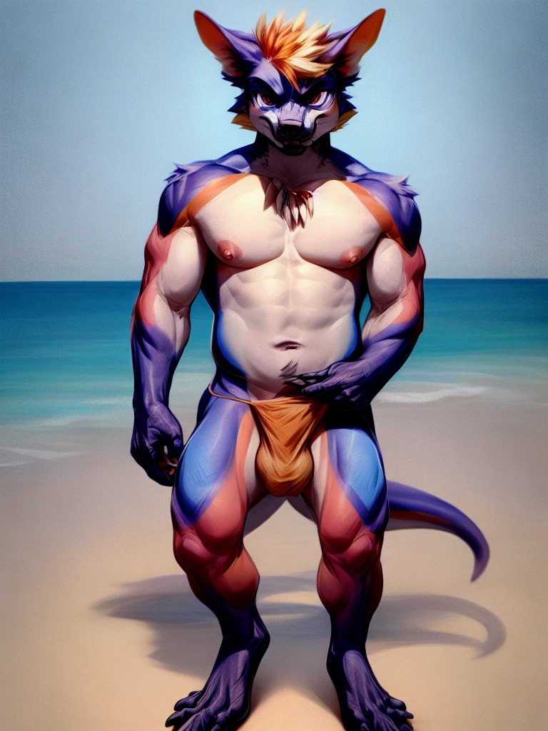 a full body view, of an anthro izuchi, on a beach, male, looking at the viewer, in tribal clothing, nipples,