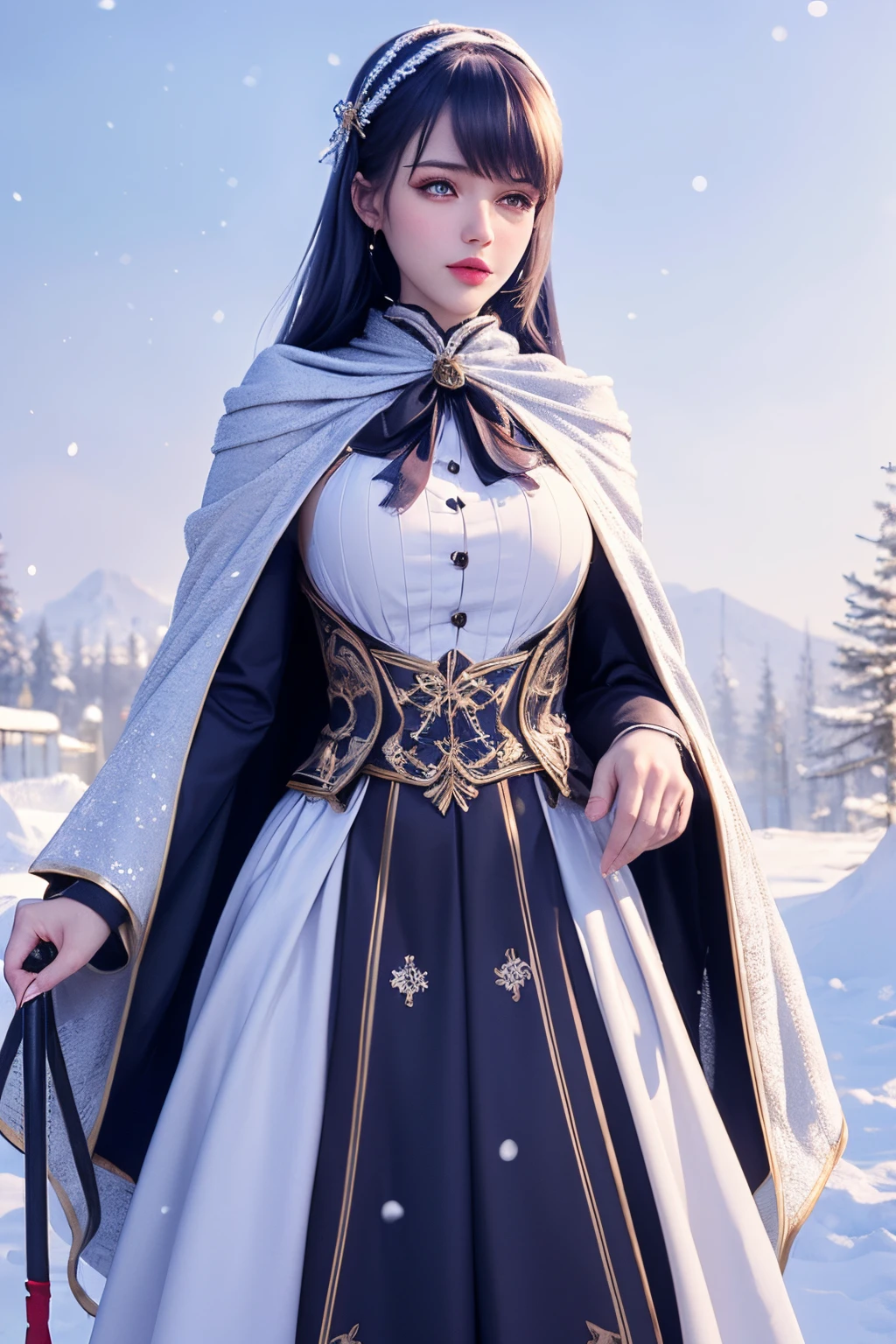 photorealistic, masterpiece, photorealistic, high resolution, soft light, hips up, Lolita costume，Cloak (Snow, Outdoor activities in winter:1.2)