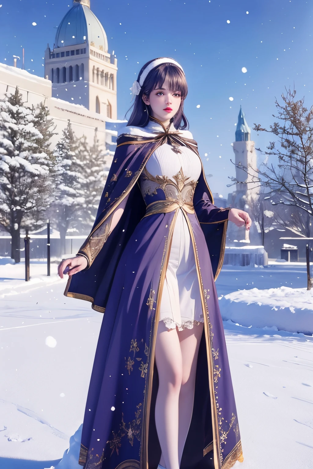 photorealistic, masterpiece, photorealistic, high resolution, soft light, hips up, ta costume,Cloak (Snow, Outdoor activities in winter:1.2)