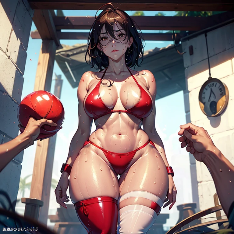 45yo girl, Breasts bigger, Cleavage emphasis、Close-up of red bikini nooper looking up from below、​masterpiece, top-quality, realisitic, ultra-detailliert, (shinny skin, Sweating: 1.4), Versatile sexy poses、short dark hair, Brown-eyed, slender, dynamic light and shadow, hight resolution, foco nítido, depth of fields, Narrow-eyed, Sharp pupils, realistic pupils are small: 1.6), (Thigh thickness: 2.00),shores