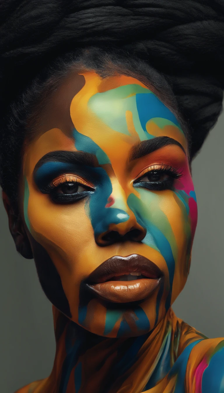 there a half-fragile black woman and half-strong black woman, with a colorful face and a lot of colorful paint, portrait made out of paint, face submerged in colorful oils, portrait made of paint, colorful melting human head, beautiful acrylic fluid portrait, gorgeous digital art, beautiful digital artwork, trending artistic art, stunning digital art, abstract face, stunning artwork, inspired by Alberto Seveso, abstract 3d artwork