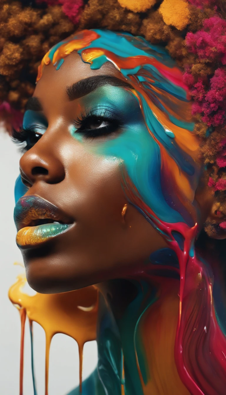 Black American woman realistic art that has candy-colored slime drops on her face including in her shoulder and facinf her front