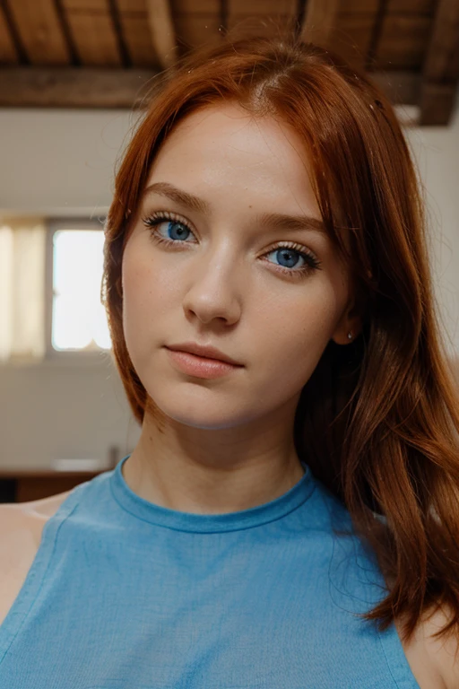 une merveilleuse fille rousse Mamelons exposés, poilu, yeux bleus, de dos, Tête tournée vers l'objectif, quatre pattes, Cul ouvert.