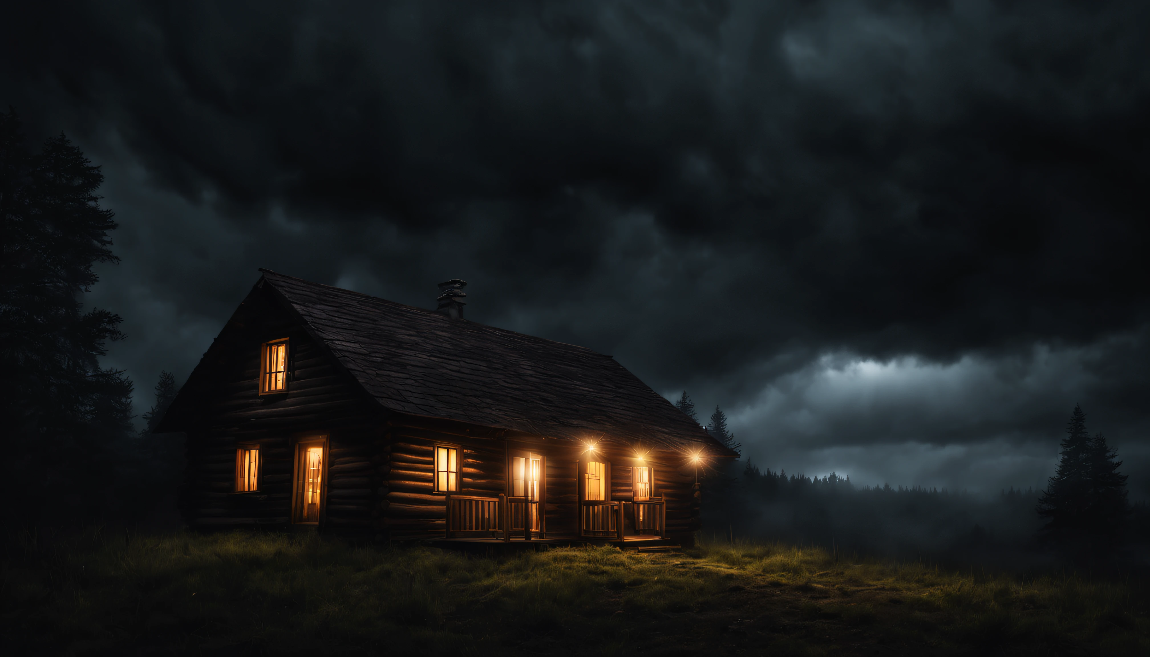 create a photo of a realistic cabin in an open forest at night with lights on, showing a cloudy sky surrounded by dark storm clouds, fotografia em 4K, dark scenery with lots of fog, wet floor