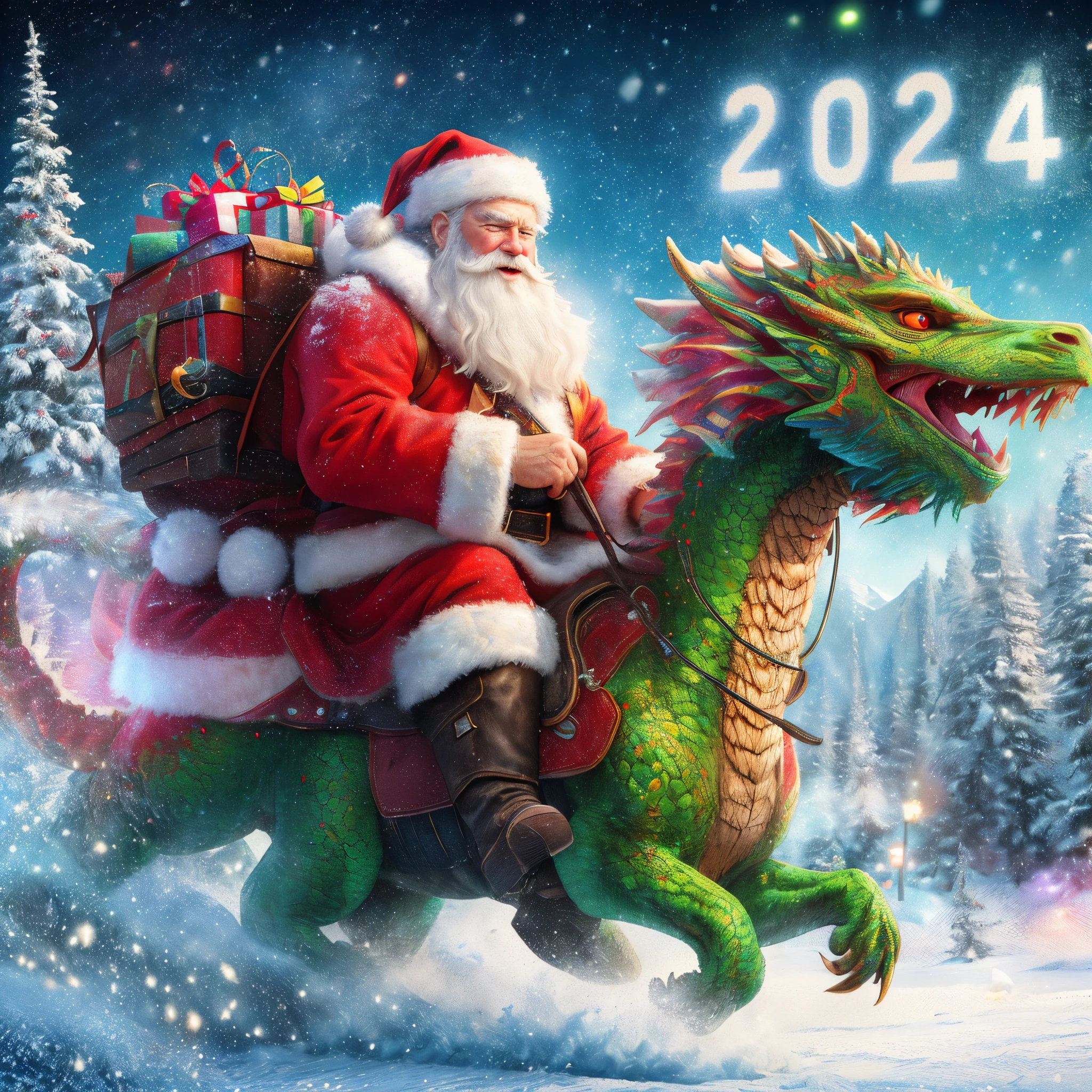 Santa Claus riding on a dragon with a sack of gifts on its back, 2024, 2 0 2 4, 4k, 2024 year, Joe Biden riding on a dragon, 2024, 2 0 2 4 photo, 8k, 3D
(best quality,4k,8k,highres,masterpiece:1.2), ultra-detailed, (realistic,photorealistic,photo-realistic:1.37), HDR, UHD, studio lighting, ultra-fine painting, sharp focus, physically-based rendering, extreme detail description, professional, vivid colors, bokeh, portraits, landscape, sci-fi, photography, concept artists, vibrant colors, warm tones, dramatic lighting