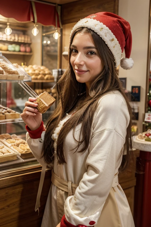 (aesthetic) Italian woman with beautiful long hair, (realistic) in the vibrant pastry shop. The shop in the background is full of sweets and delicacies captures the essence of Christmas atmosphere. The woman wears winter clothes and red hat Santa Claus. The woman smiles, exuding happiness and elegance. The image of the (best quality,4k,8k,highres,masterpiece:1.2),ultra-detailed nature, with every strand of her hair and the surrounding environment meticulously rendered. The lighting is natural