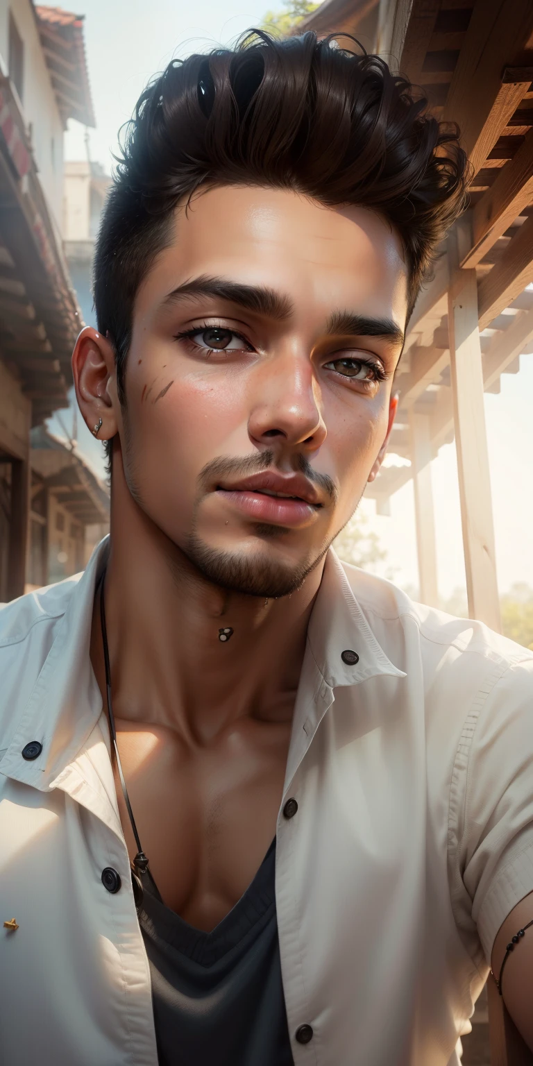 Best quality, masterpiece, super high resolution, (realistic: 1.4), original photo, wallpaper, head photo, skin, background, black eyes, detail, selfie, 1 boy, 18 years old, handsome, India , Indian , sunshine, playground , realistic photo , realty photo,blue colour shirt