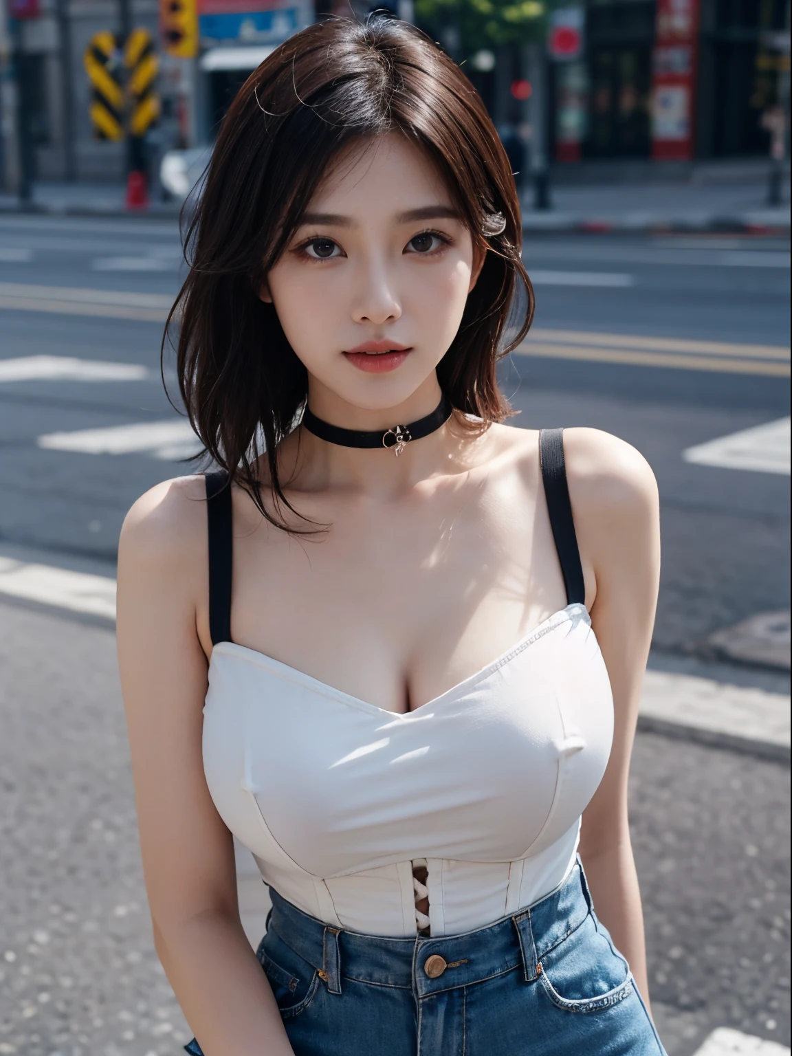 1人の女性、Korea person、Korean Beauty、rubber、corsets、a choker、Crotch chuck、intricate detailes、hightquality、(High class:1.4)、super realistic 8K、face perfect、Perfect、clean、masterpiece、Professional artwork、famousartwork、face perfect、Beautiful expression、beautidful eyes、short dark hair、wetting hair、very Bigger breasts、clothes shiny、model poses、Ultra-realistic 4K、Top image quality、In the street