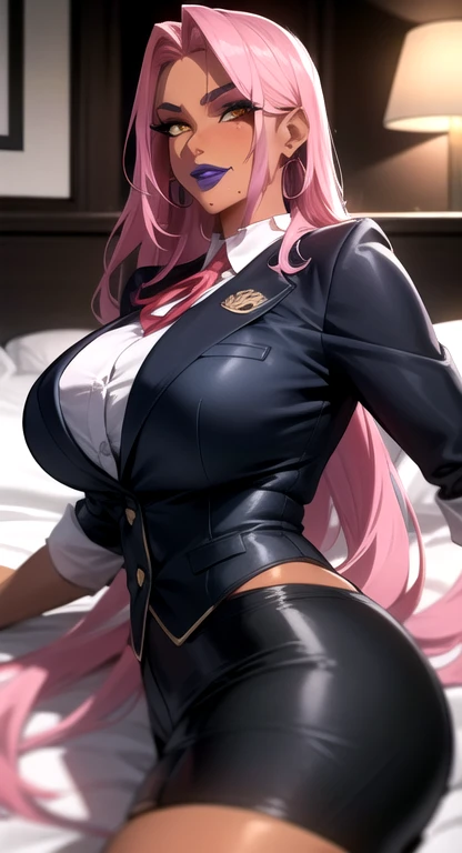 (masterpiece, highres, best quality:1.3), 8K, highly detailed, intricate, colorful, vibrant image, sharp focus, digital blending, 4K, trending on pixiv Ingrid, ((mid high school uniform)), solo, mature female, 40yo, milf, curvy, (dark skinned female:1.15), dark skin, posing, bedroom, lying on bed, (seductive look:1.2), looking at viewer, cowboy shot, pink hair, very long hair, forehead, hair intakes, purple lipstick, makeup, mole under mouth, yellow eyes, perfect eyes, perfect face, ultra detailed hair, ultra detailed face, earrings, ultra detailed lips, large breasts, ultra detailed lipstick,