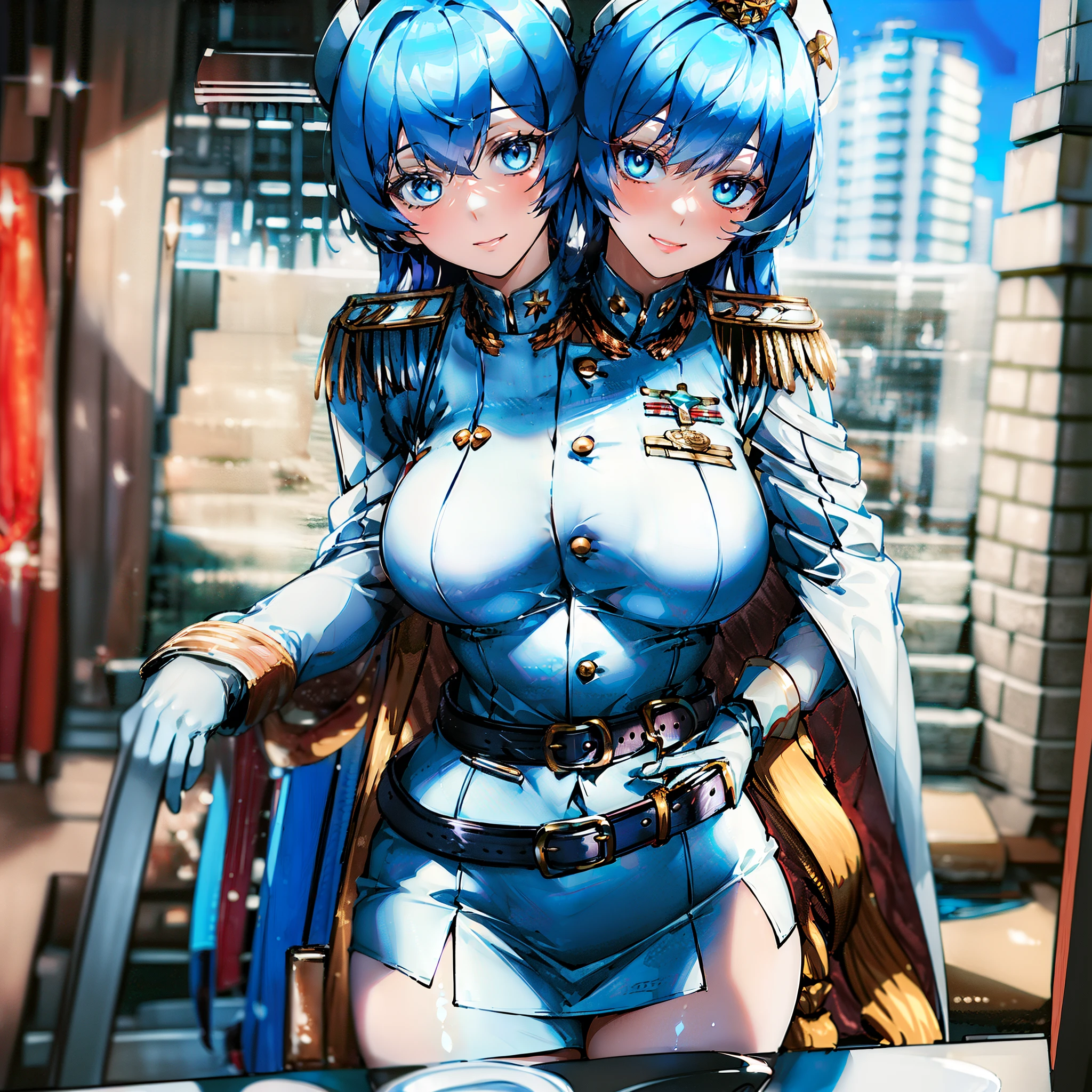 A stewardess, shiny skin, big breasts, cleavage, mini skirt, garter belt, stockings, high heels, sexy, full body, smiling, high resolution, detailed face, beautiful face, perfect anatomy, vibrant color, sexy expression, airport, ultra high qualitu picture, anime style