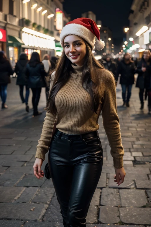 (aesthetic) Italian woman with beautiful long hair, (realistic) walking in the vibrant square of MIlan. The cityscape in the background captures the essence of Christmas atmosphere, with cold and rich colors. The woman wears winter clothes, leather pants and red hat Santa Claus. The woman smiles, exuding happiness and excitement. The image of the (best quality,4k,8k,highres,masterpiece:1.2),ultra-detailed nature, with every strand of her hair and the surrounding environment meticulously rendered. The lighting is natural