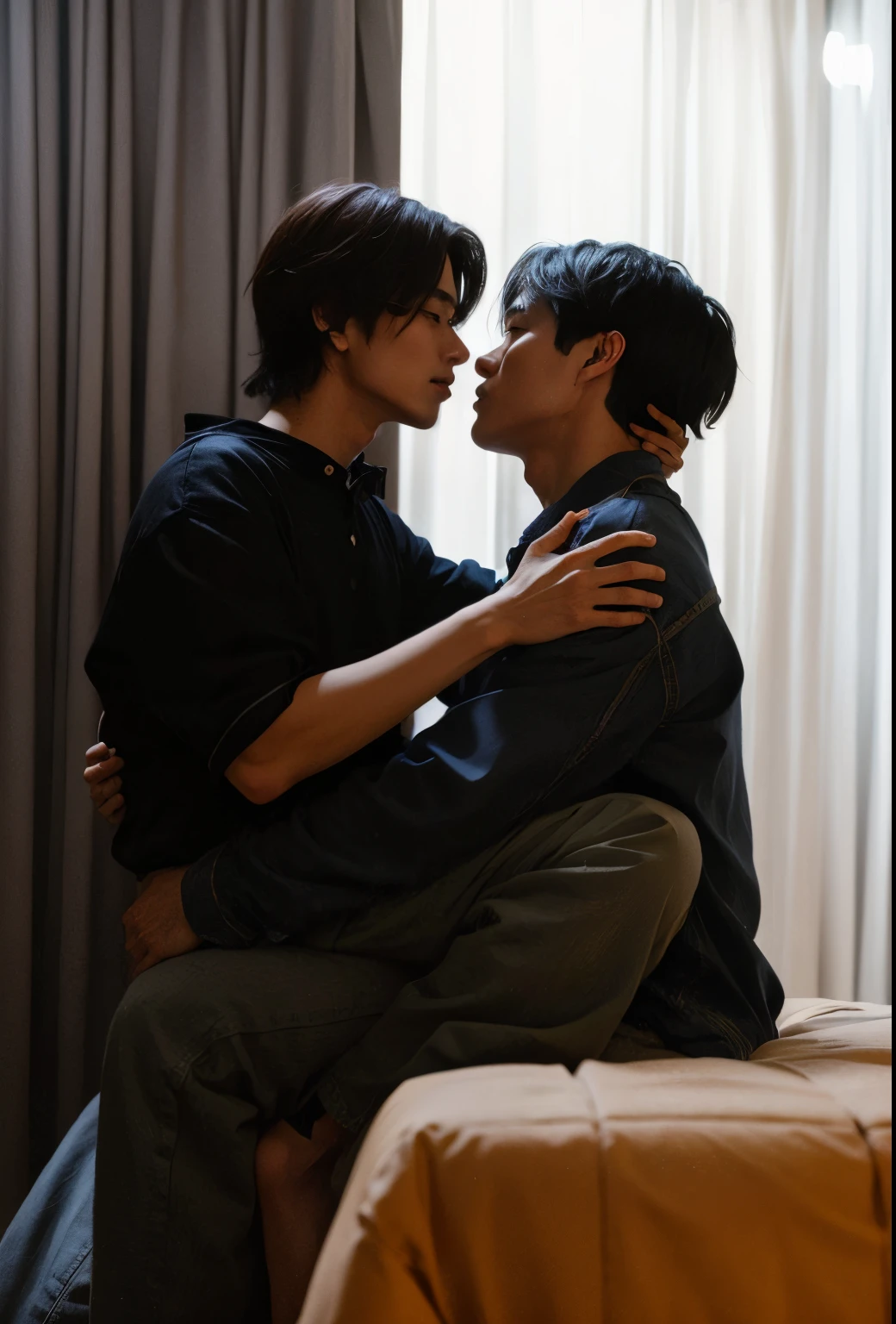 There are two people who are sitting on a bed together, Jungkook no colo do Kim Taehyung, Yaoi, Jin Shan e Ross Tran, Gay, Ruan Jia e Brom, Alessio Albi e Shin Jeongho, Directed by: Tadashi Nakayama, Bowater Charlie e Brom Gerald, ainda de um filme live action, Gunwoo Kim e J.Dickenson, momento privado