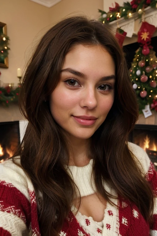 araffed woman in a red and white sweater sitting in front of a fireplace, sexy pose, smiling, legs spread, violet myers, olivia culpo, very pretty face, brown hair, soft features, perfect face ), nina dobrev, victoria justice, portrait sophie mudd, perfectly lit face, extremely beautiful face, flawless olive skin, gorgeous face, gorgeous latina face, gorgeous attractive face ((iPhone)), not close up