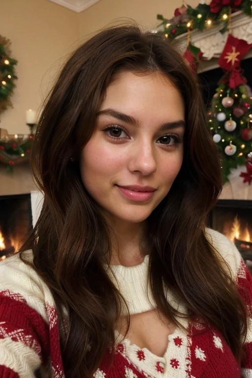 araffed woman in a red and white sweater sitting in front of a fireplace, sexy pose, smiling, legs spread, violet myers, olivia culpo, very pretty face, brown hair, soft features, perfect face ), nina dobrev, victoria justice, portrait sophie mudd, perfectly lit face, extremely beautiful face, flawless olive skin, gorgeous face, gorgeous latina face, gorgeous attractive face ((iPhone)), not close up