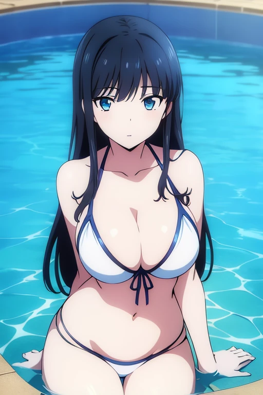 (masterpiece, best quality, high resolution, animescreencap, anime colored, 8k), Miyuki, 1girl, black hair, long hair, blue eyes, large ??????, white ??????, slim, upper body:1.5, pool, blue sky, sunlight, (perfect detailed ???????, perfect detailed full body, beautiful detailed hair, beautiful detailed face, beautiful detailed eyes, beautiful detailed ??????, beautiful detailed ??????)
