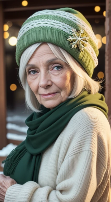 70 year old woman with some wrinkles, cara perfecta, ojos verdes, pelo blanco, gorro navidad, 8k