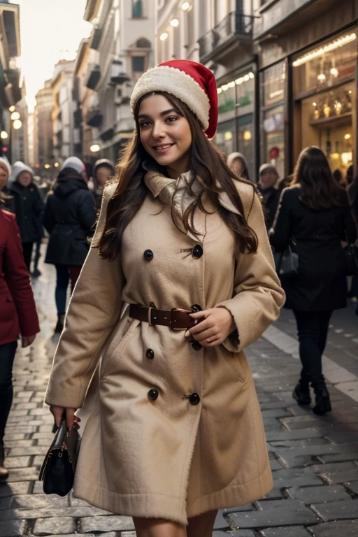 (aesthetic) Italian woman with beautiful long hair, (realistic) walking in the vibrant square of MIlan. The cityscape in the background captures the essence of Christmas atmosphere, with cold and rich colors. The woman wears winter clothes, beige coat, bege skirt and red hat Santa Claus. The woman smiles, exuding happiness and excitement. The image of the (best quality,4k,8k,highres,masterpiece:1.2),ultra-detailed nature, with every strand of her hair and the surrounding environment meticulously rendered. The lighting is natural