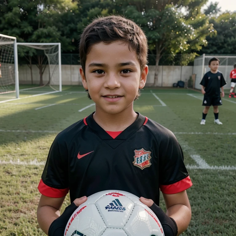 3 year old male , dark brown hair with curlers, ojos color caramelo, sonrisa perfecta, Playing football 