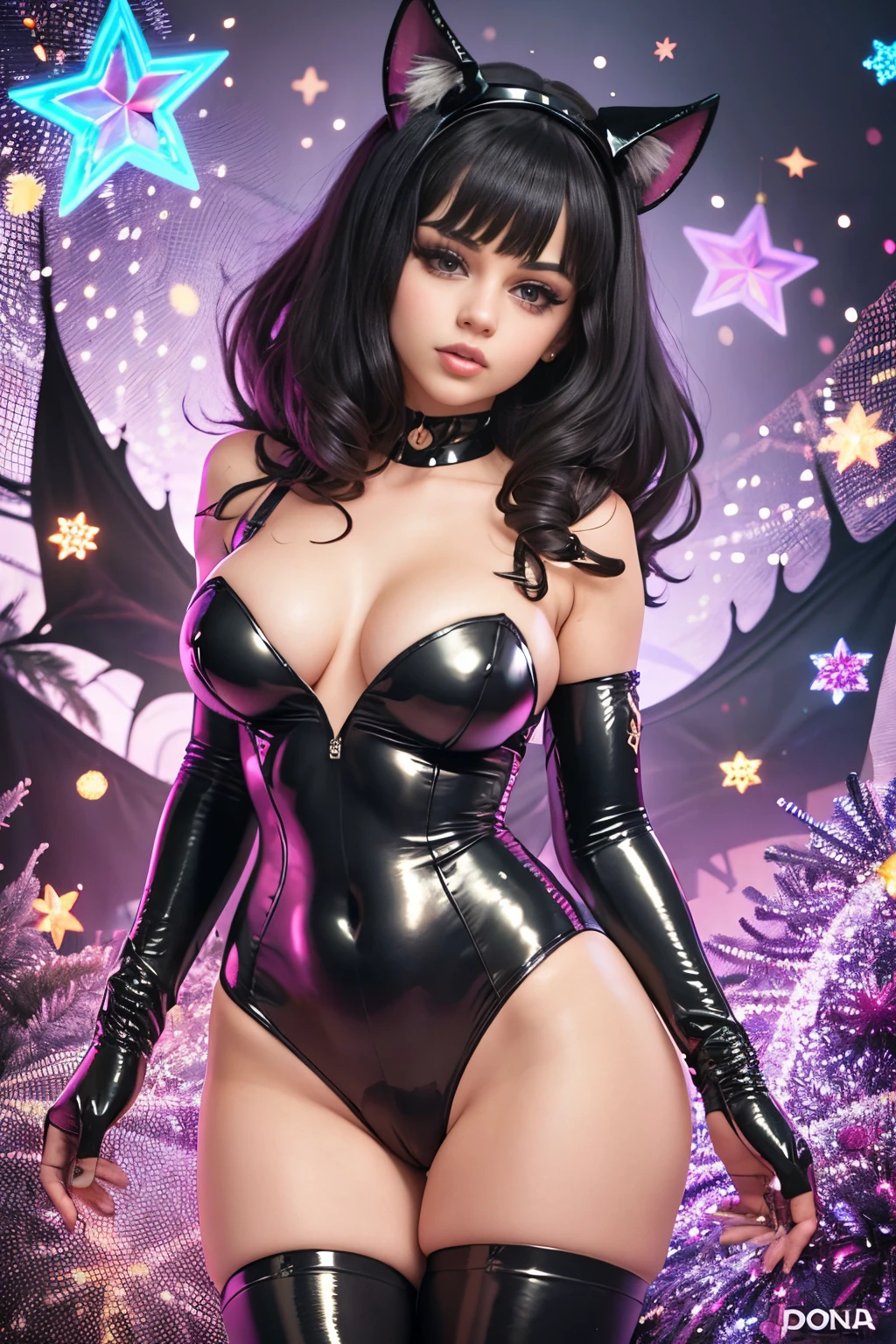 An alluring woman (Selena Gomez), (MAsterpiece) full body picture, on a bedrooms christmas decore, adorns a rubber mask with festive Christmas horns and a unique rubber head resembling a cybernetic bunny. Drawing inspiration from Doja Cat as Catwoman, she embodies a fusion of rubberhose style and latex, featuring a black latex female balaclava and a captivating black catsuit. The mask, resembling a robot wearing a human disguise, adds an intriguing Christmas-themed allure to her attire. Her outfit, predominantly black latex, exudes a domineering persona against a backdrop of Christmas decor, amplifying the mysterious and festive ambiance