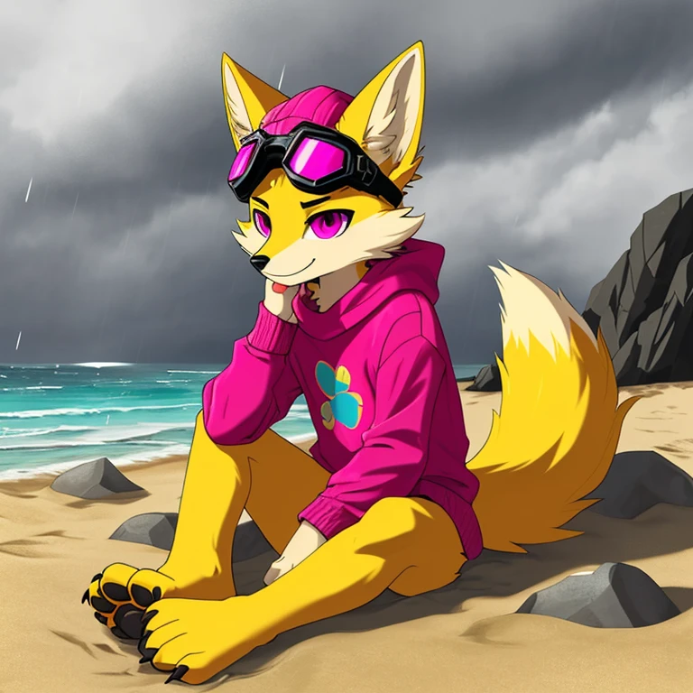 (A character), (fox with yellow fur and white chest), (under muzzle is white), (yellow fur), (white tail tip), (wearing a magenta sweater), (light blue scarf), (yellow jockey hat with orange visor), (orange visor), (magenta eyes), (slim and fit body), (apparently slim but strong appearance), (relaxed expression), (male), (medium height), (solitary), (white eyebrows), (4 toes on his paws), (5 toes on his hands), (magenta eyes), fluffy, (fluffy fur), (goggles), (black crystal goggles), (yellow paws), (background beach), (beach), (rocks in the sand), rocks, (his sweater covers his crotch), (yellow tail with white tips), (his paws and hands are yellow), (black paws), (claws), (golden fur), (golden yellow fur), (black pawpads), kerchief, (sitting), (cloudy), (cloudy day), (cloudy day at the beach), (rain), (rain at the beach), (rain at the beach)