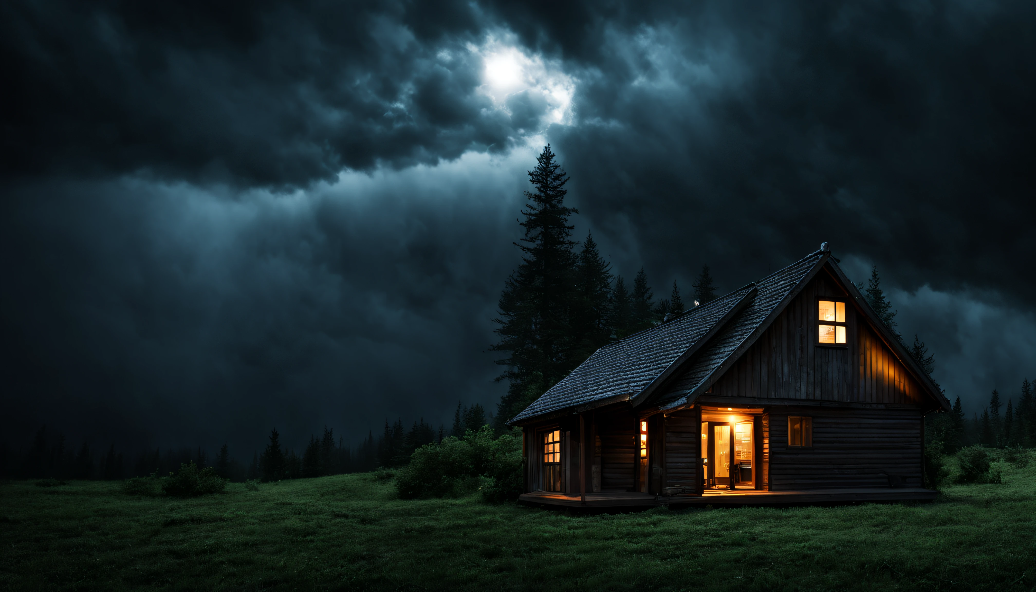 create a photo of a realistic cabin in an open forest at night with lights on, showing a cloudy sky surrounded by dark storm clouds, fotografia em 4K, dark scenery with lots of fog, wet floor, clima chuvoso