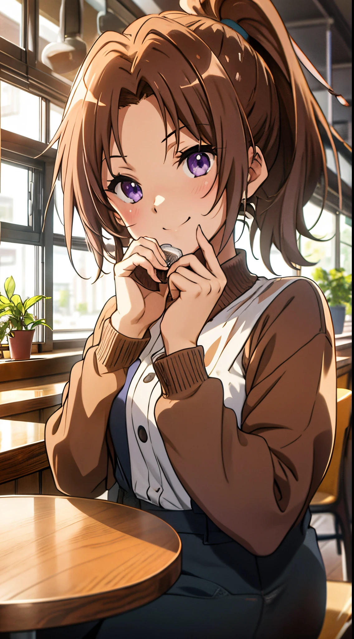 Jacket, (masutepiece), (Best Quality),1girl in,  (Perfect face),  Light purple eyes, Cute, Brown Hair Ponytail, coffee shop, Sitting on a chair in a café,A slight smil,Laugh, Wood, The table,  Nature, Traced Lights,Modern, Break bokeh, depth of fields, Blurry background, light Particle, Backlight, Bright, colourfull, hight resolution