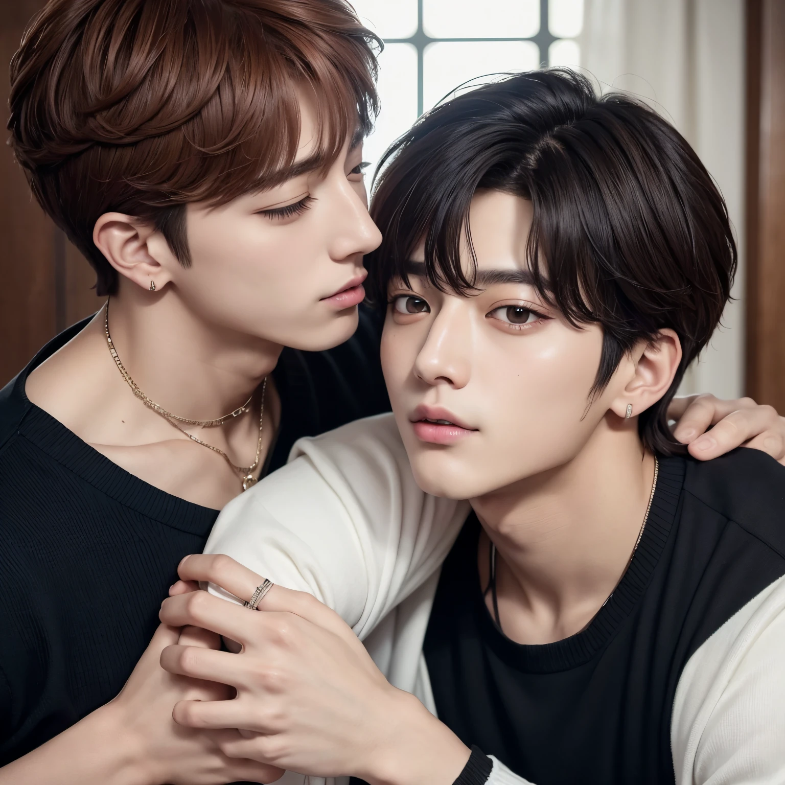 Jungkook no colo do Kim Taehyung, gay, yaoi, intimate moment, Jungkook do BTS, Kim Taehyung do BTS. Cabelos pretos e casaco escuro