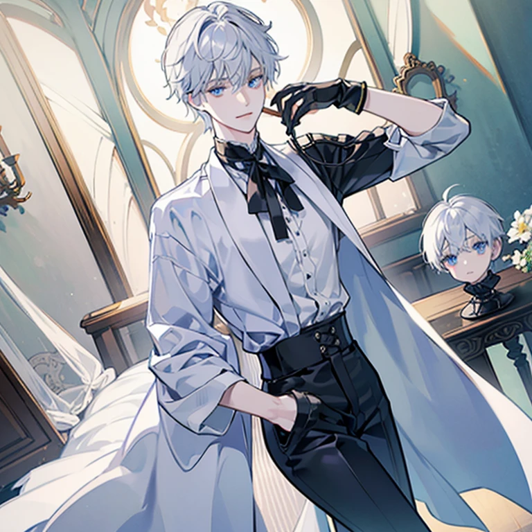 A guy with very pale skin, very bright blue eyes, clean but messy white hair down to his neck, porcelain puppet body parts and, standing politely with a white tucked shirt with very black Ouji shorts and calf high black socks, a shy small smile, a bright sunny morning in a porcelain workshop, Tall, strong but skinny and hands behind him with a shyly look, looks handsome, Yaoi, bright porcelain workshop