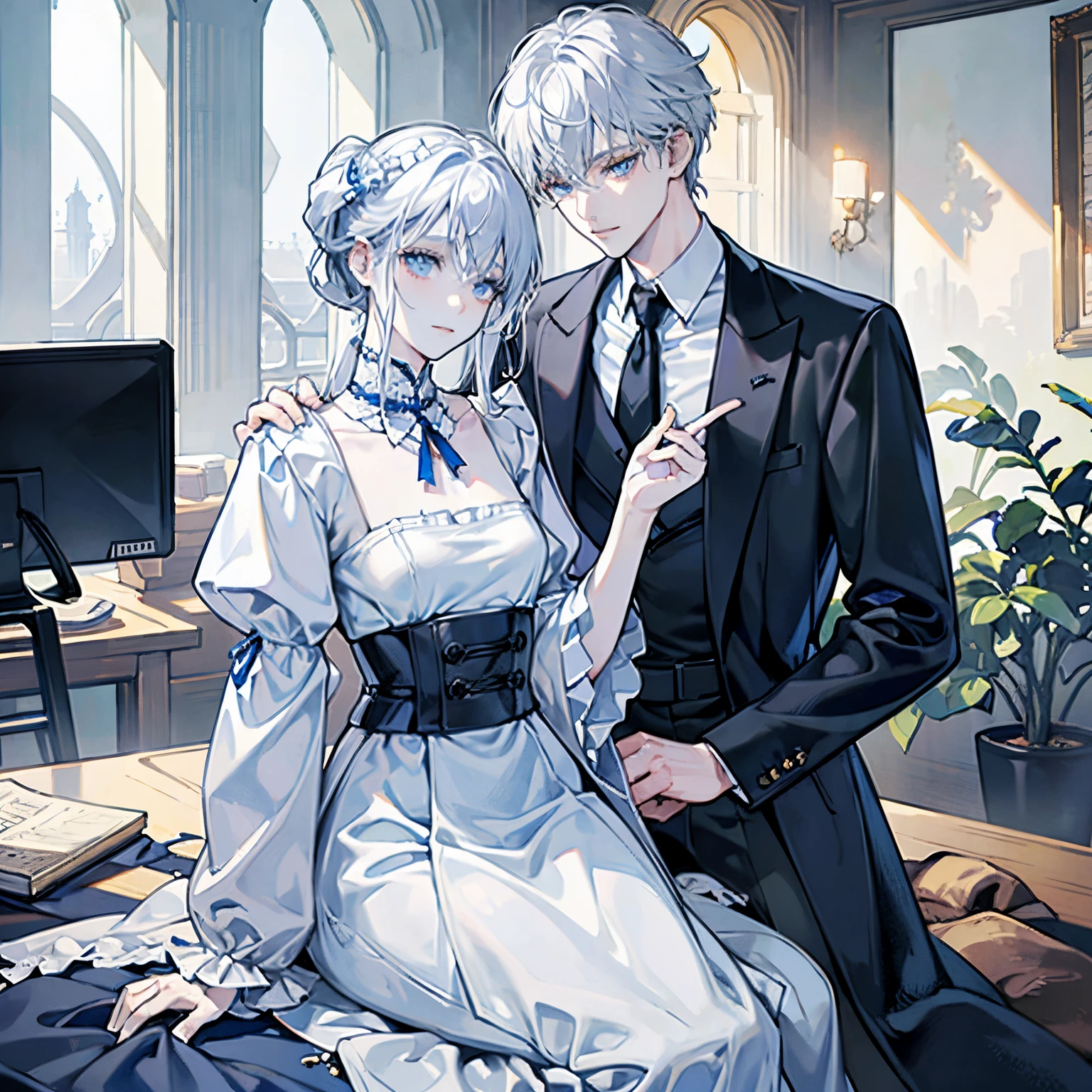 (in 8K, Raw photo, Best Quality, masutepiece:1.2), Best Quality, 超A high resolution,"masutepiece, Best Quality, Passionate and intimate embrace between two guys, One with white fox ears and short white hair, And the other one has short black hair., Evokes a powerful sense of love and desire, Gay Couple, I open my eyes."