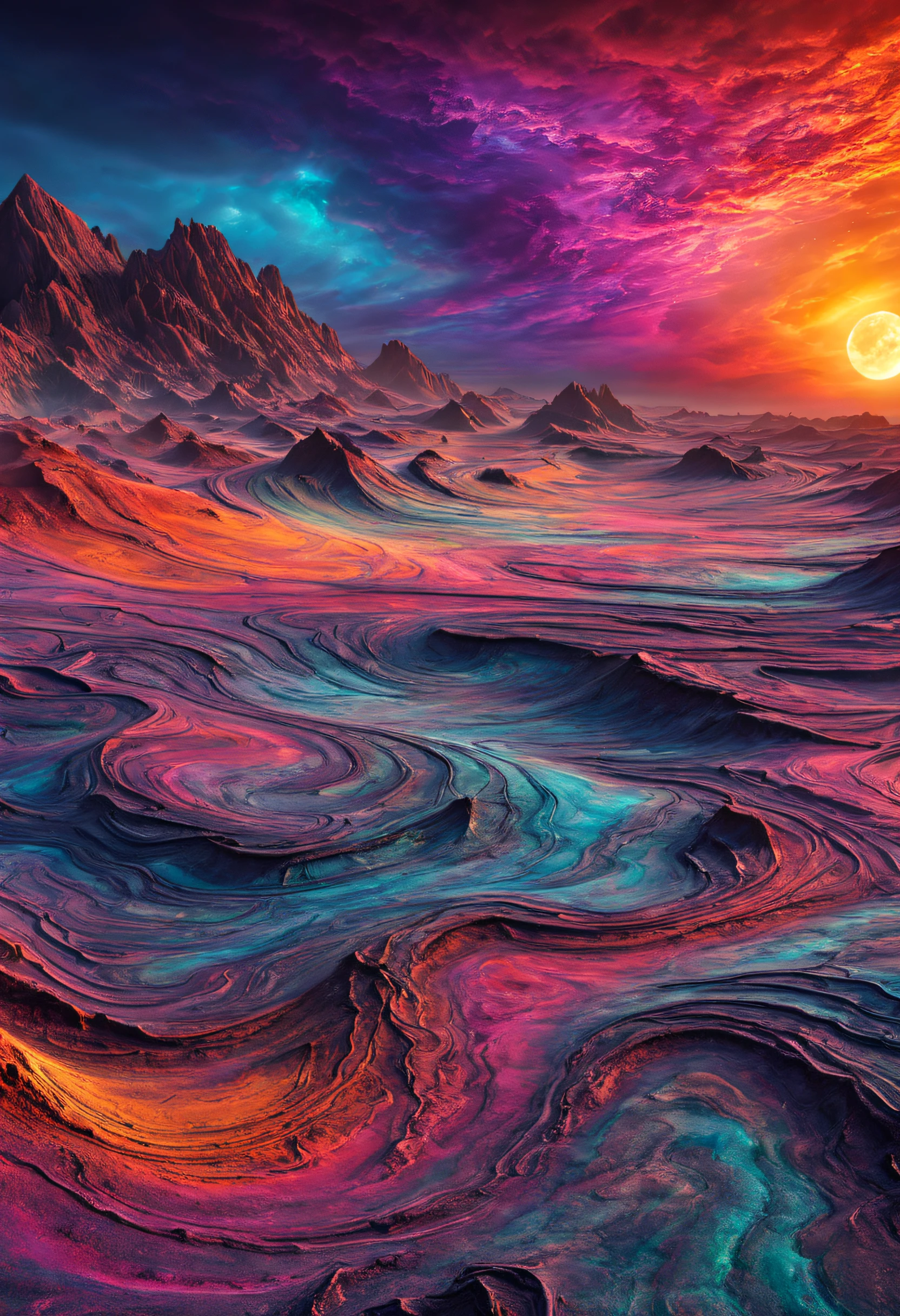 a magnificent sunset on a strange and mysterious alien palette. It's very textured and detailed with dreaming lot of whirlwind multicolored and dreaming dust
