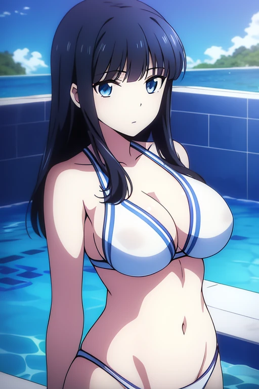 (masterpiece, best quality, high resolution, anime colored, 8k), Miyuki, 1girl, black hair, long hair, blue eyes, large breast, white bikini, cleavage, slim, (upper body:1.5), pool, blue sky, sunlight, (perfect detailed anatomy, perfect detailed body, beautiful detailed hair, beautiful detailed face, beautiful detailed eyes, beautiful detailed breast, beautiful detailed bikini)