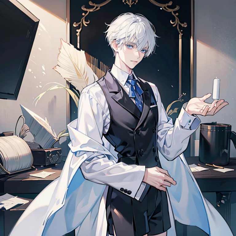 A guy with very pale skin, very bright blue eyes, clean but messy white hair down to his neck, puppet body parts and limbs, standing politely with a white tucked shirt with very black Ouji shorts and calf high black socks, a shy small smile, a bright sunny morning in a porcelain workshop, Tall, strong but skinny and hands behind him with a shyly look, looks handsome